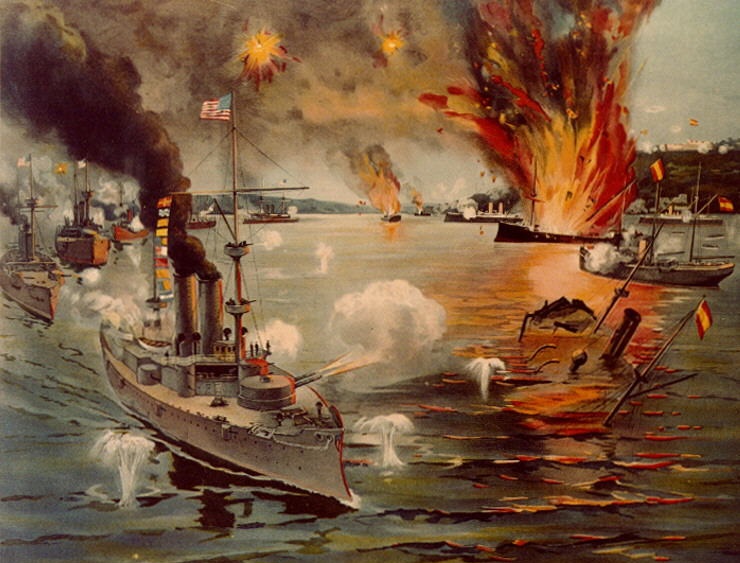 上图：1898年美西战争马尼拉湾海战中的美军铁甲舰。