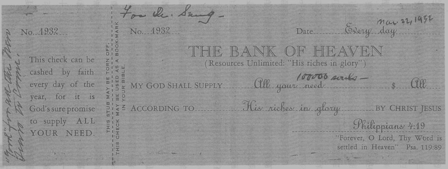 上图：一九三二年三月二十二日，宋尚节在这张天国银行支票上签署，向神求十万灵魂归主。